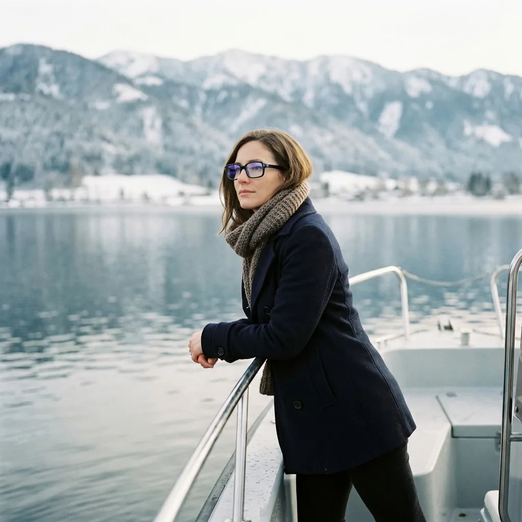 Lenses optical london acetate blue modelo in barco lago with bosque nevado bonoboss #editorial_lifestyle2 #color_azul