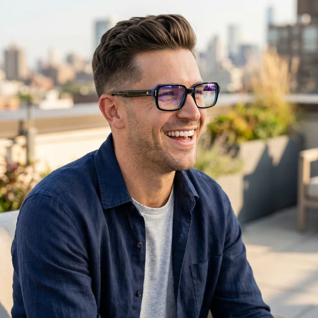 Lenses optical london acetate blue women in terraza with vista panorámica bonoboss #editorial_lifestyle3 #color_azul