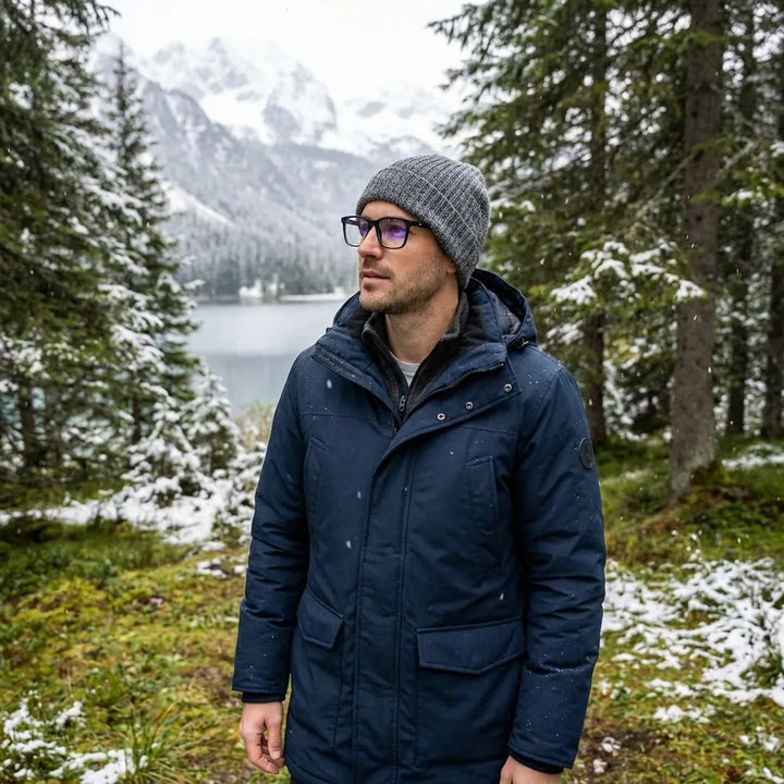 Lenses optical maite black modelo with gorro in bosque nevado invernal bonoboss #editorial_lifestyle1 #color_negro
