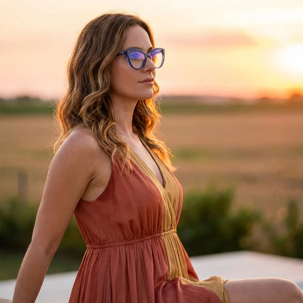 Montgat, lentes graduados color azul, bio-acetato cat eye – con luz cálida de hora dorada #editorial_lifestyle2 #color_azul