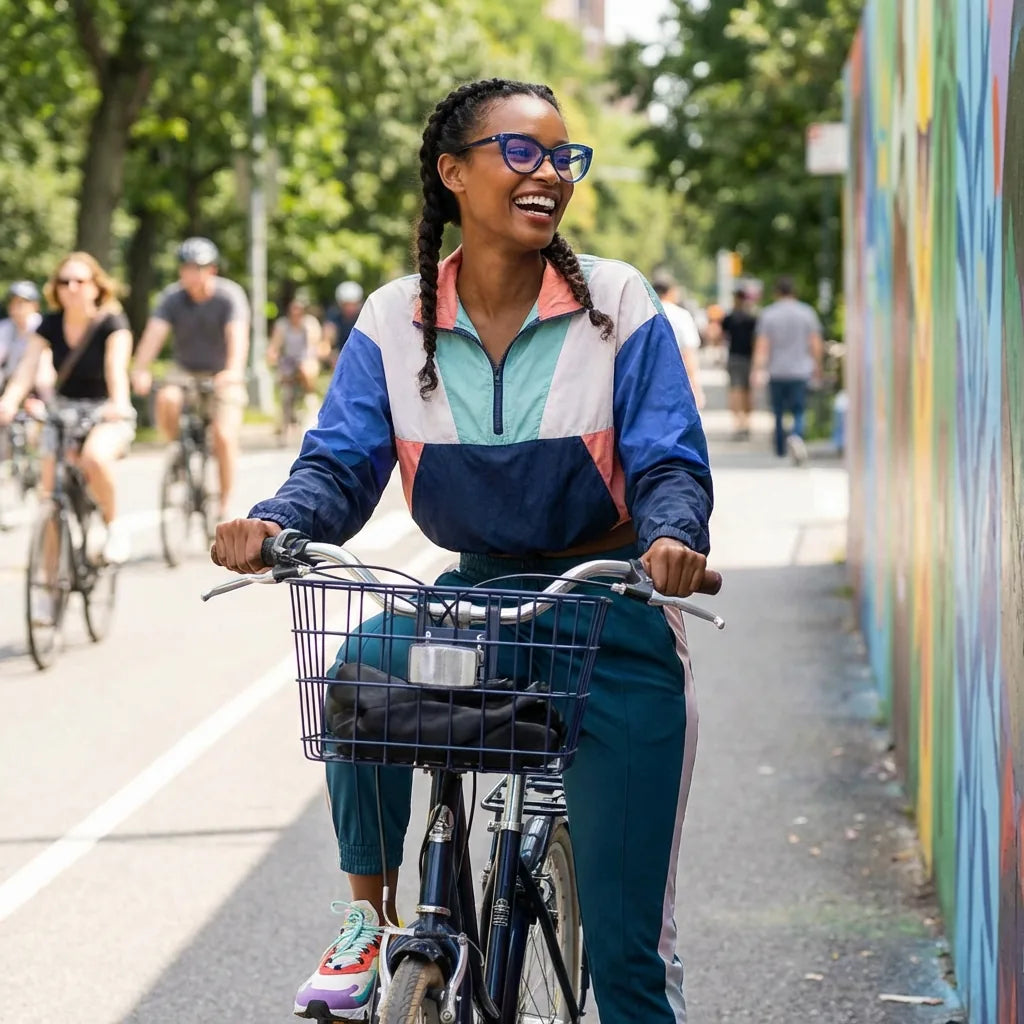 Anteojos Montgat en azul: en un ciclista en un café urbano de estilo vintage, bio-acetato cat eye #editorial_lifestyle4 #color_azul