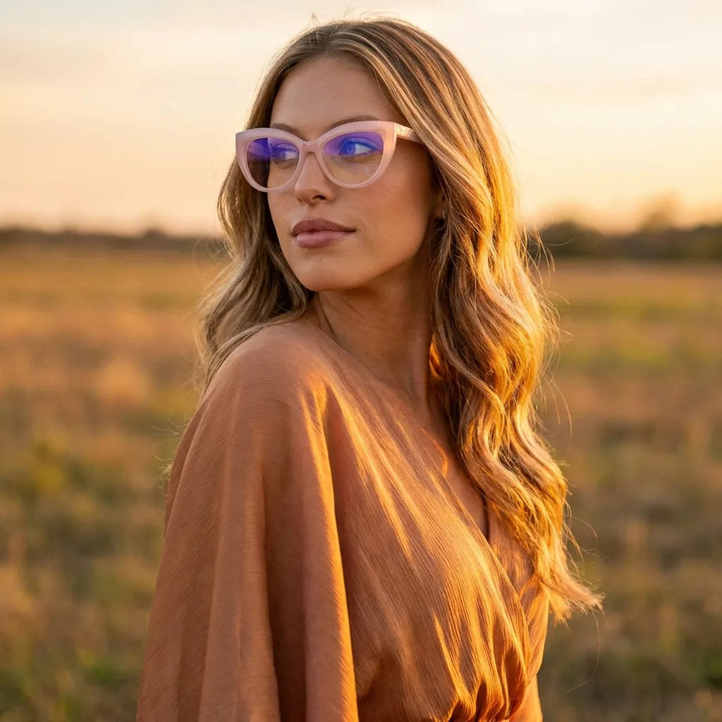 Lentes graduados Montgat color rosado (bio-acetato cat eye), con luz cálida de hora dorada #editorial_lifestyle1 #color_pink