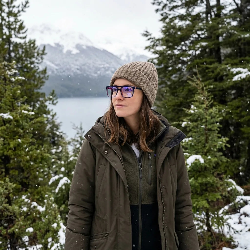 Lenses optical nehuen optical blue modelo with gorro in bosque nevado invernal bonoboss #editorial_lifestyle1 #color_azul