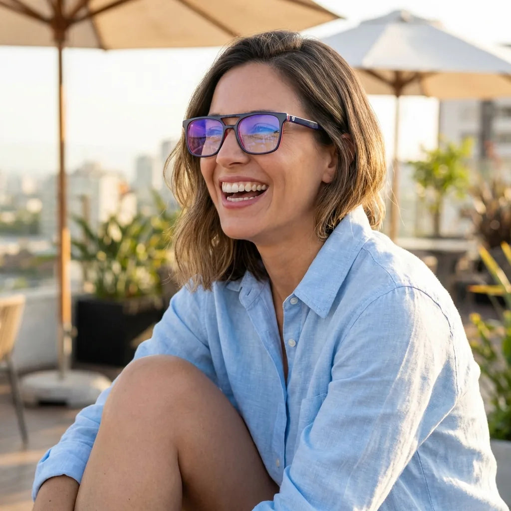 Lenses optical nehuen optical blue women in terraza with vista panorámica bonoboss #editorial_lifestyle3 #color_azul