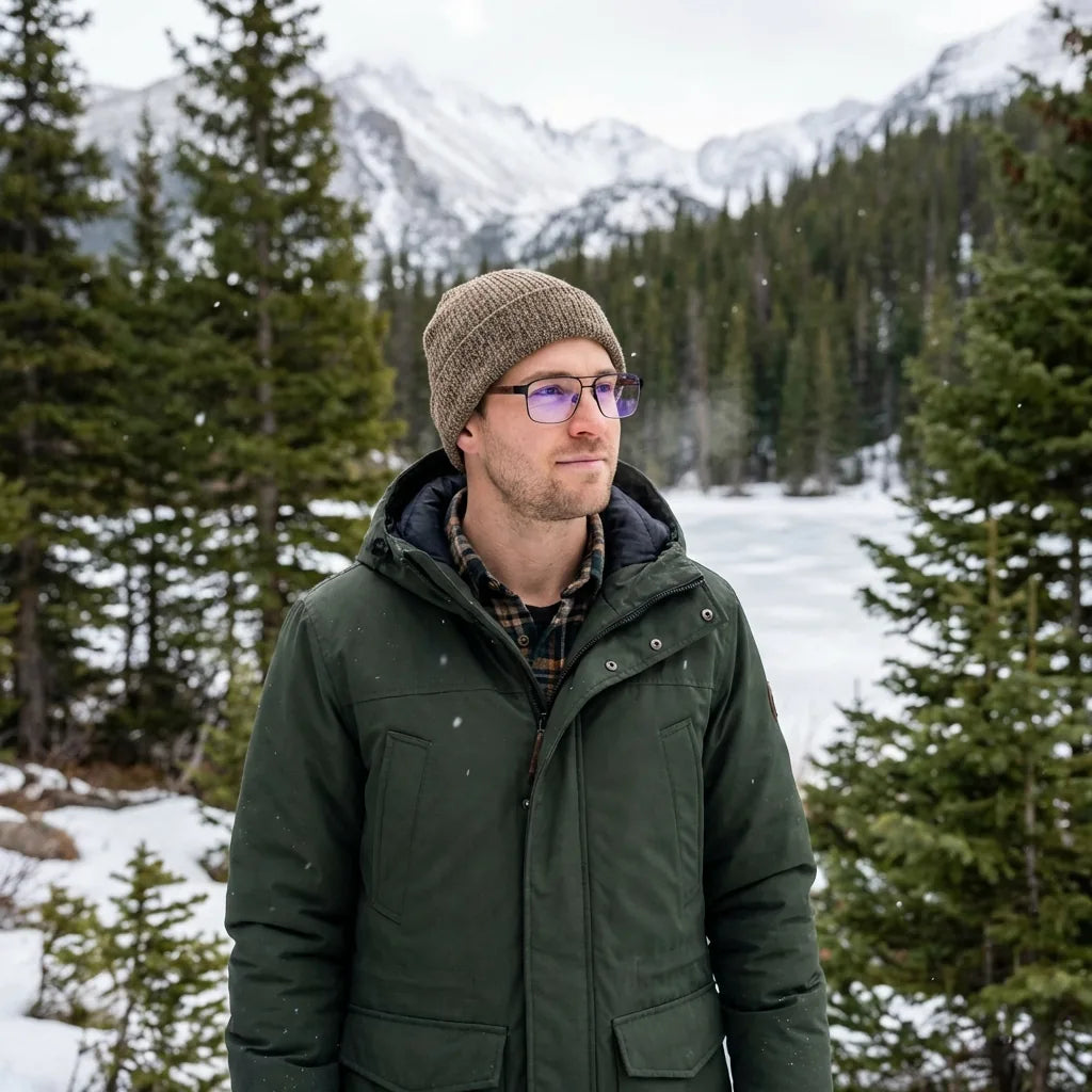 Lenses optical neruda black modelo with gorro in bosque nevado invernal bonoboss #editorial_lifestyle1 #color_negro