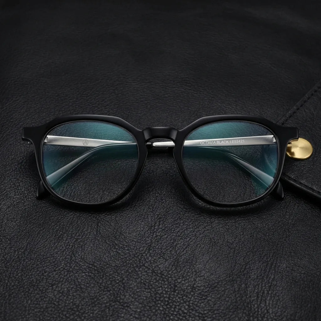 Lenses optical octavia black sobre black leather with detalle brass gold calidad premium prescription bonoboss #editorial_banner_confianza #color_negro