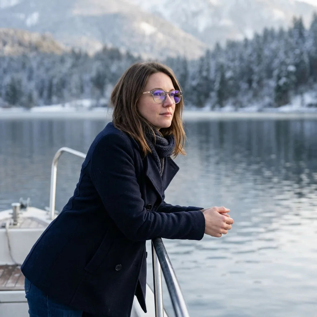 Lenses optical octavia clear modelo in barco lago with bosque nevado bonoboss #editorial_lifestyle1 #color_transparente