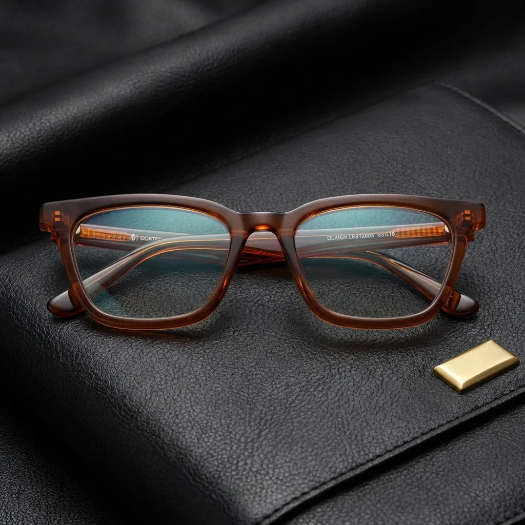 Lenses optical oliver brown sobre black leather with detalle brass gold calidad premium prescription bonoboss #editorial_banner_confianza #color_brown