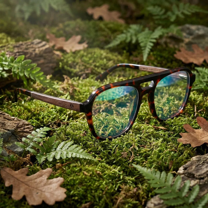 Anteojos Orson en carey – vista frontal, bio-acetato y madera natural, micas con filtro azul y antirreflejante #editorial_sustentabilidad #color_carey