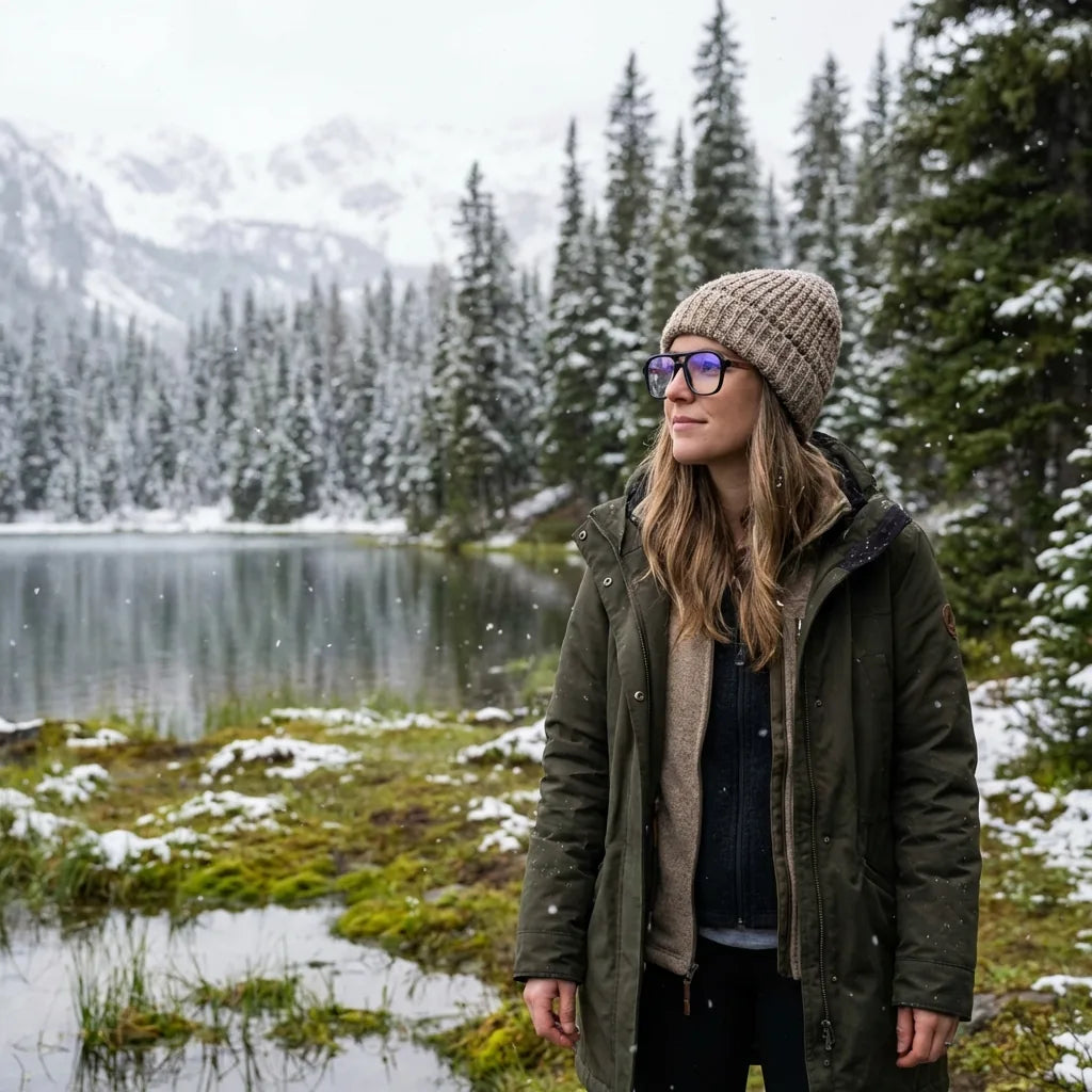 Armazón óptico Orson en negro – en un bosque nevado, micas con filtro azul y antirreflejante, forma cuadrada #editorial_lifestyle1 #color_negro