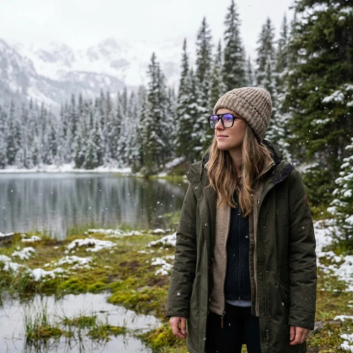Armazón óptico Orson en negro – en un bosque nevado, micas con filtro azul y antirreflejante, forma cuadrada #editorial_lifestyle1 #color_negro