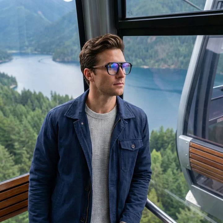 Lentes graduados Orson en negro, en un teleférico sobre un lago, bio-acetato y madera natural #editorial_lifestyle2 #color_negro