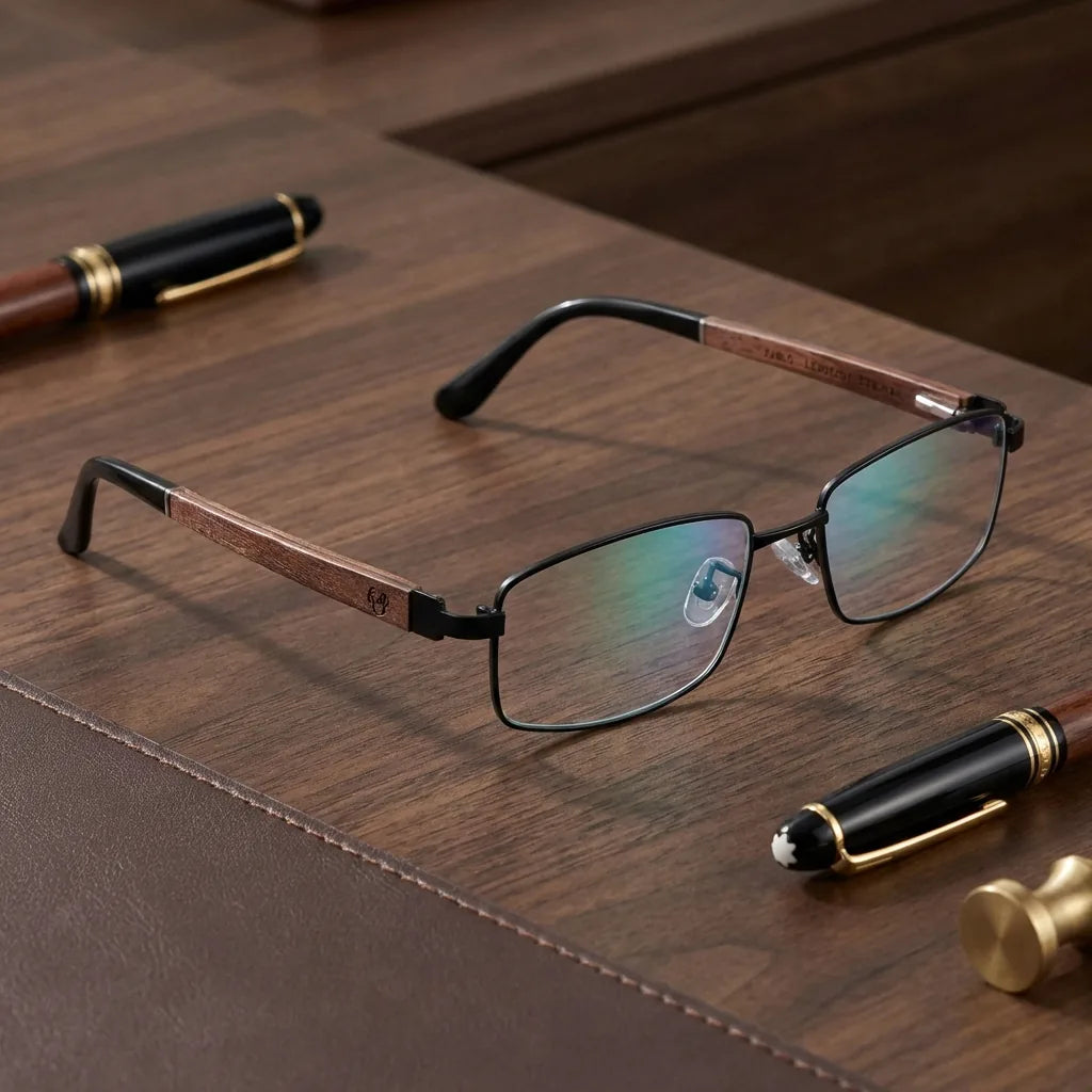 Lenses optical pablo black sobre escritorio wooden premium frame premium bonoboss #editorial_armazon #color_negro