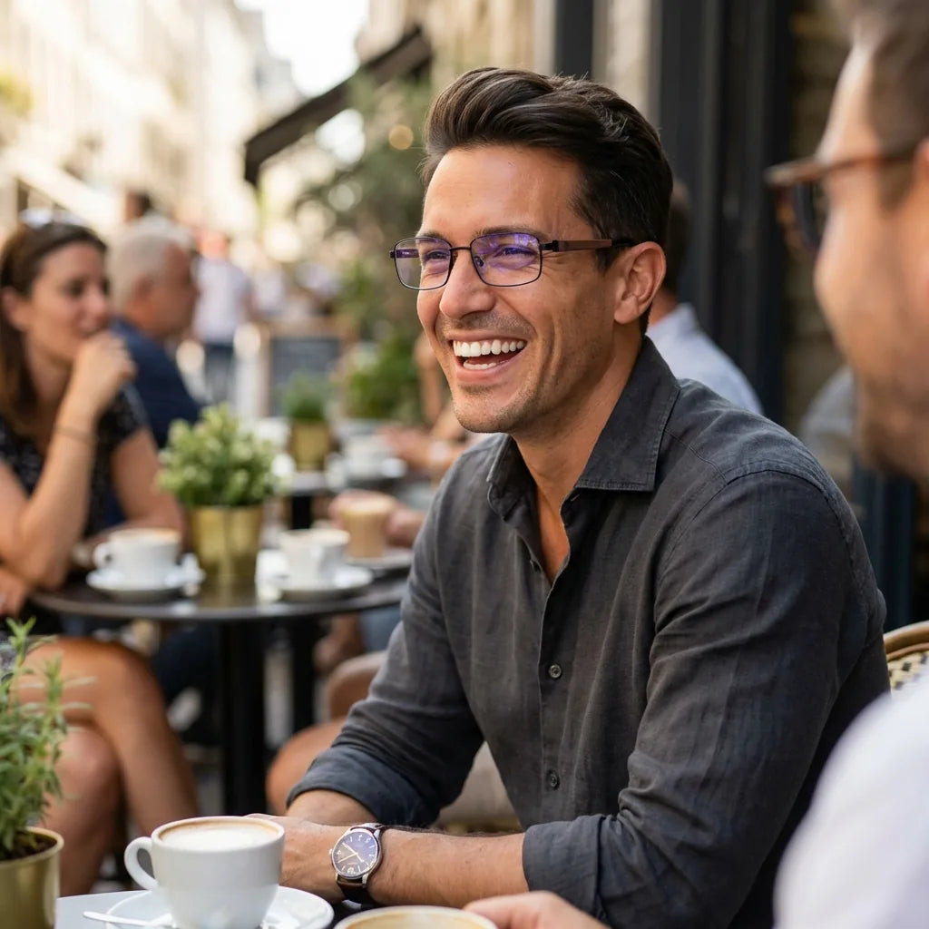 Lenses optical pablo black men in café with amigos ambiente social bonoboss #editorial_lifestyle1 #color_negro