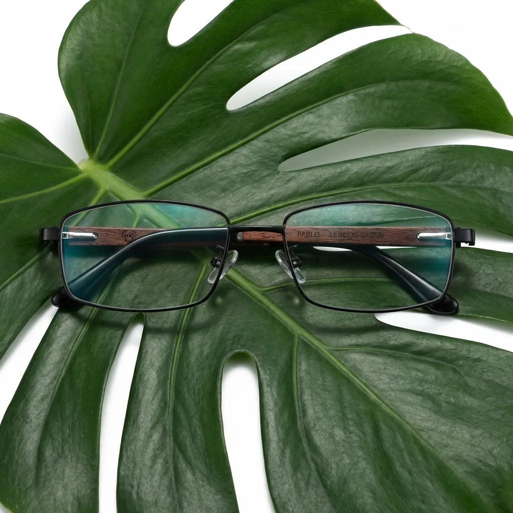Lenses optical pablo black entre hojas botánicas naturales diseño sustainable bonoboss #editorial_sustentabilidad #color_negro