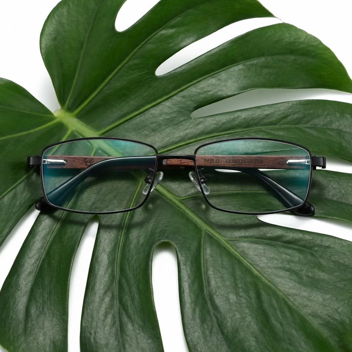 Lenses optical pablo black entre hojas botánicas naturales diseño sustainable bonoboss #editorial_sustentabilidad #color_negro