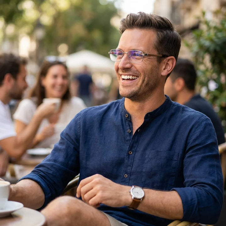 Lenses optical pablo silver men in café with amigos ambiente social bonoboss #editorial_lifestyle1 #color_silver