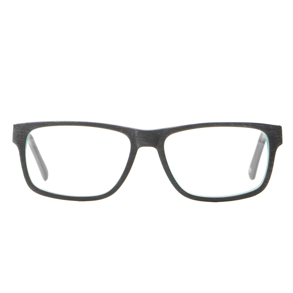 vista frontal de armazones o marcos opticos de material sustentable reciclado ecologico de forma rectangular de color negro para hombre y mujer de cara redonda