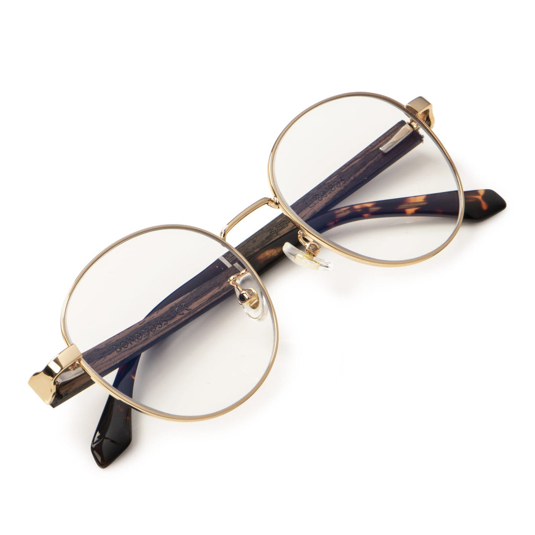 Marcos lenses optical round color gold wooden temple frame metal blue light filter men women Bonoboss #color_dorado