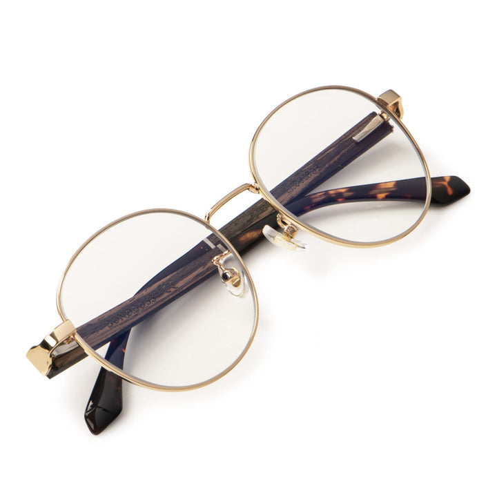 Marcos lenses optical round color gold wooden temple frame metal blue light filter men women Bonoboss #color_dorado