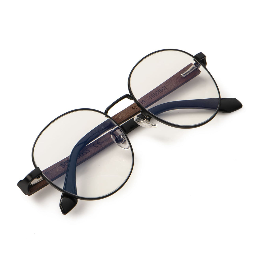 Marcos lenses optical round black wooden temple multifocal bifocal adelgazado blue light filter men women Bonoboss #color_negro