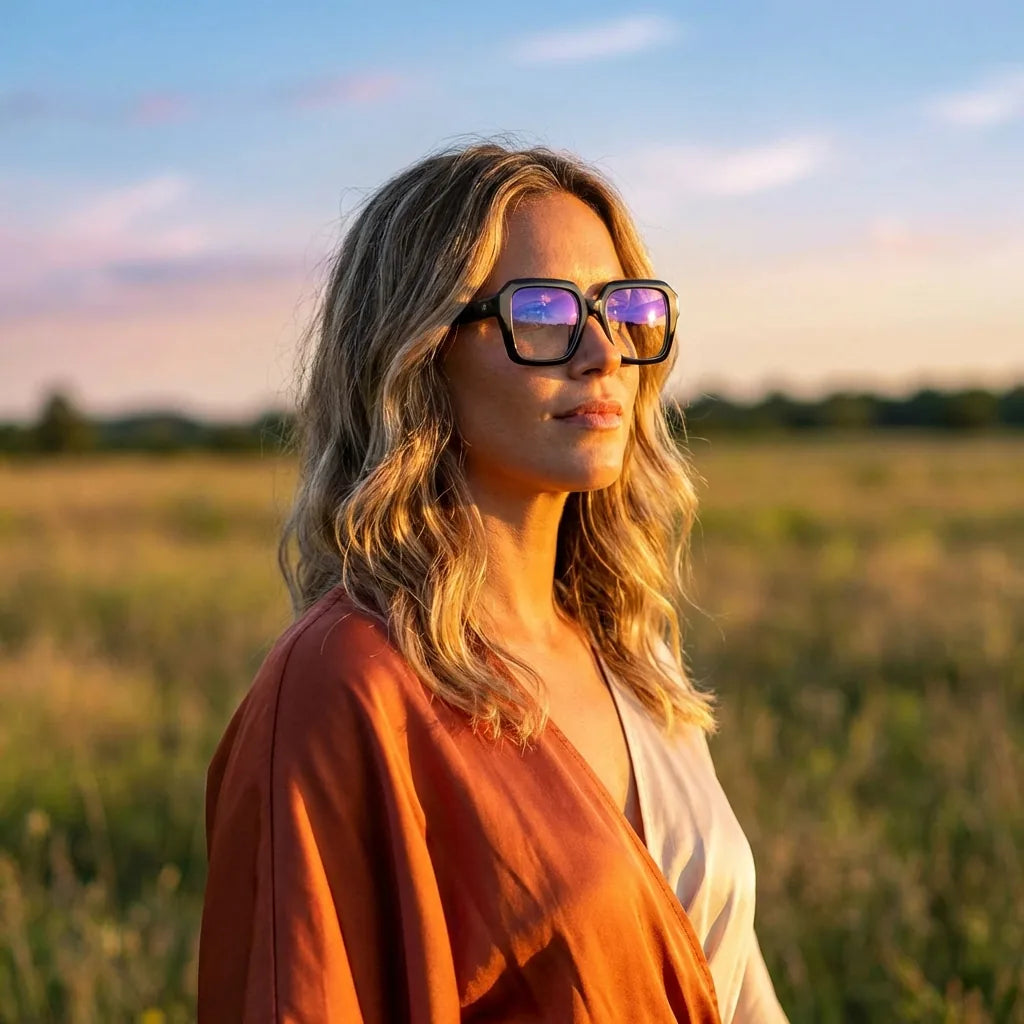Lenses optical rapel black women in luz dorada golden hour elegante bonoboss #editorial_lifestyle2 #color_negro
