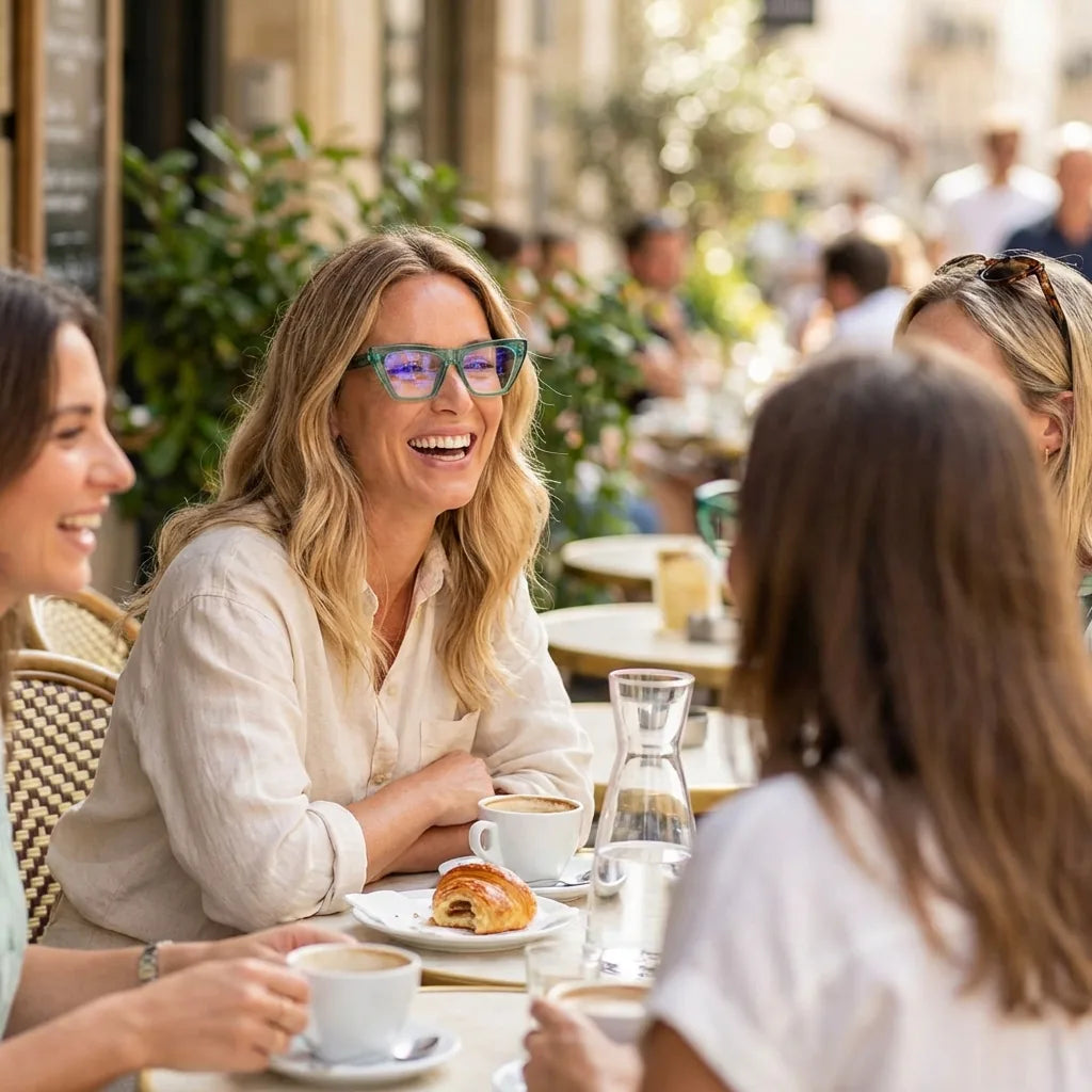 Lenses optical rosario green women in café with amigas ambiente social bonoboss #editorial_lifestyle1 #color_verde