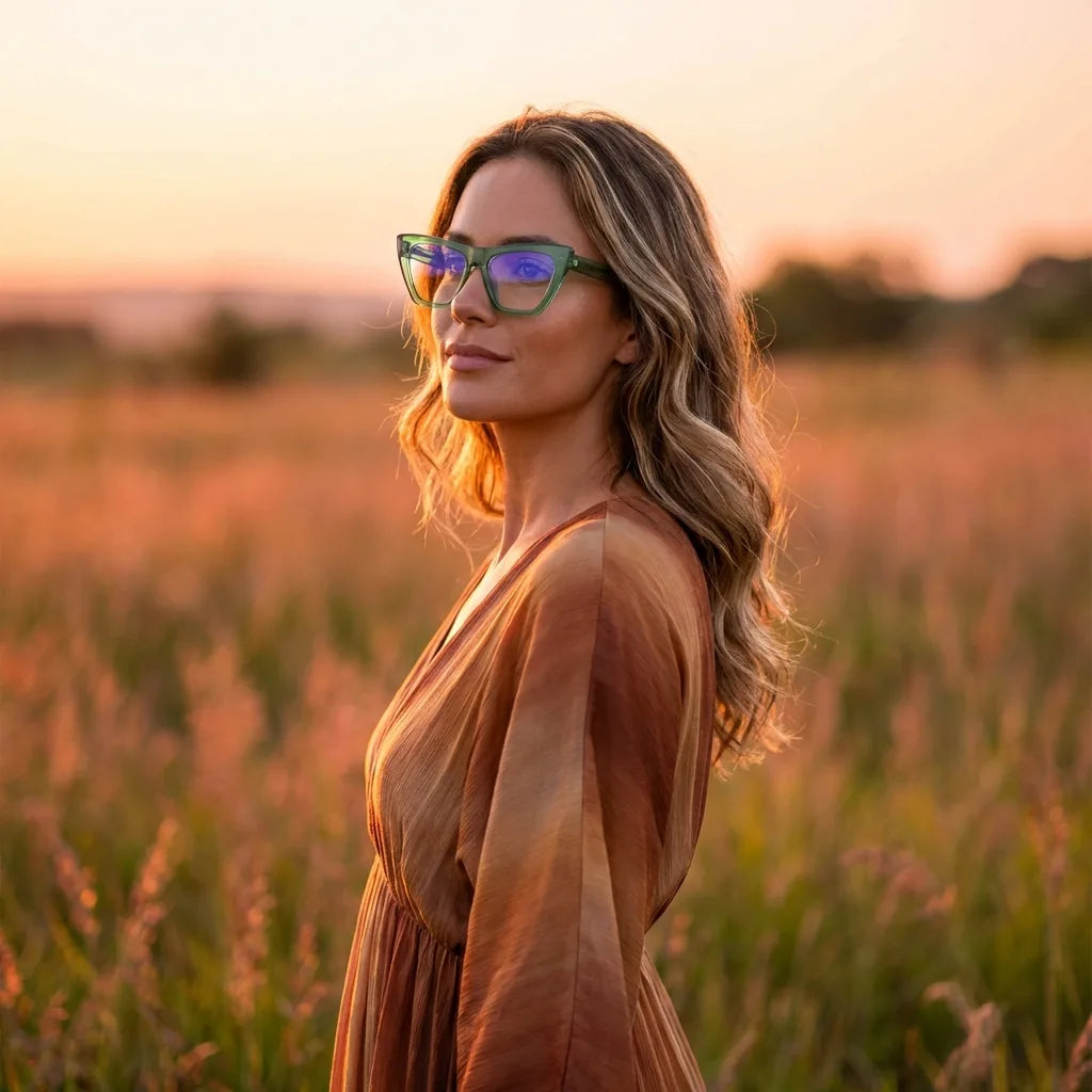 Lenses optical rosario green women in luz dorada golden hour elegante bonoboss #editorial_lifestyle2 #color_verde