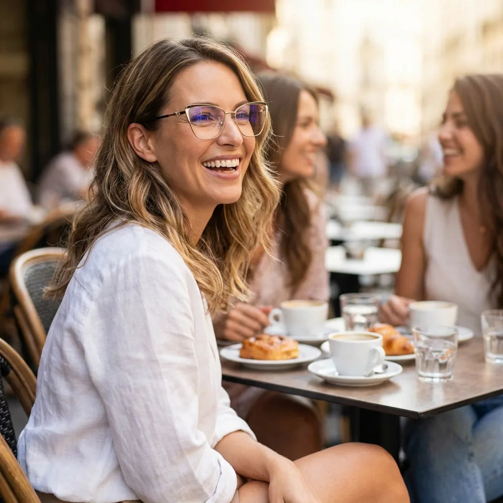 Lenses optical sabrina black women in café with amigas ambiente social bonoboss #editorial_lifestyle1 #color_negro