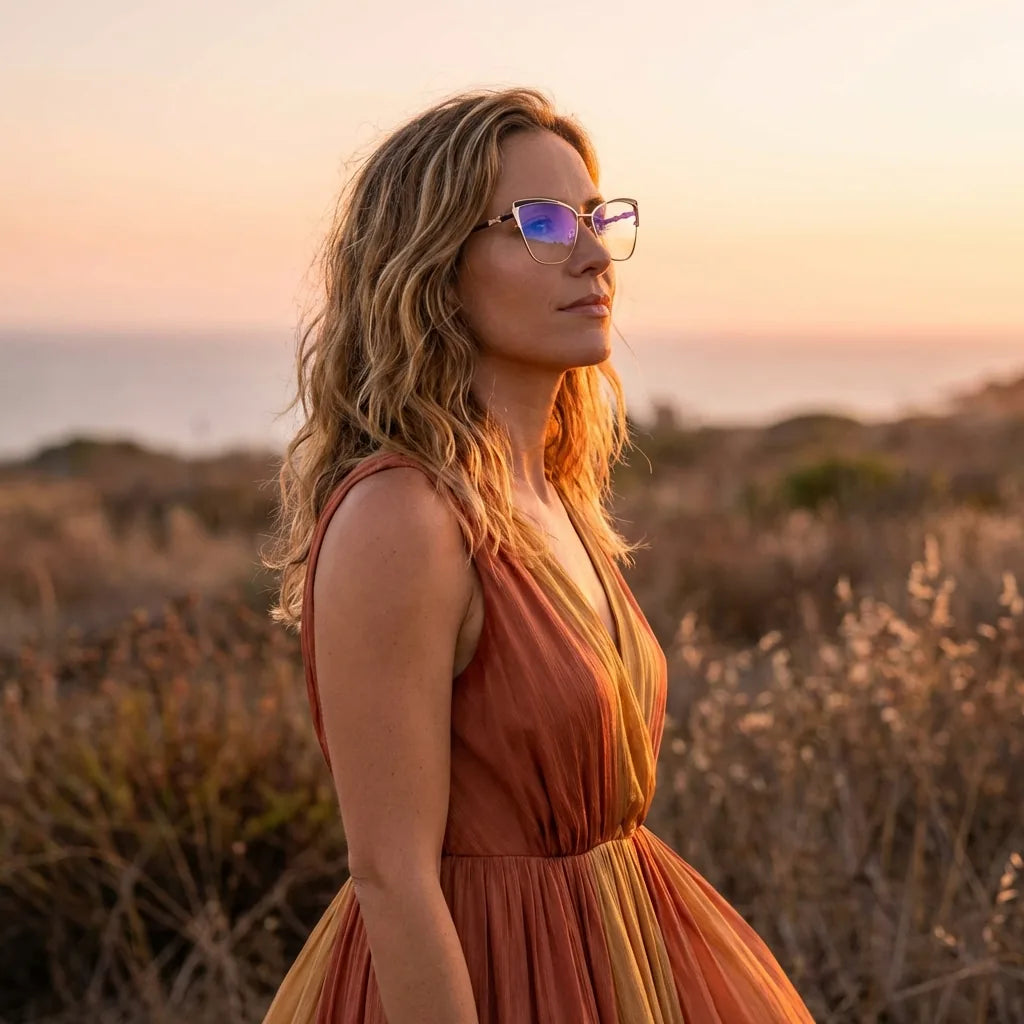 Lenses optical sabrina black women in luz dorada golden hour elegante bonoboss #editorial_lifestyle2 #color_negro