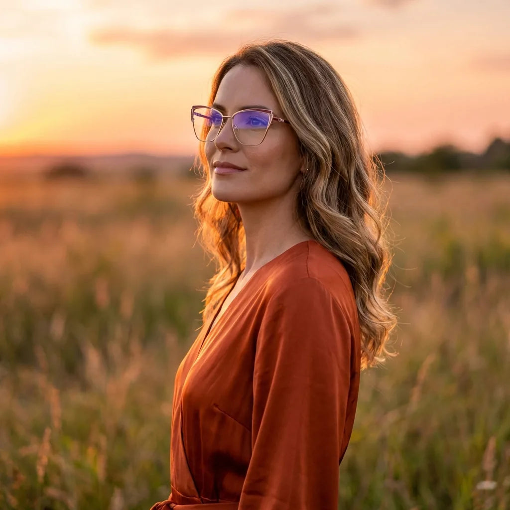 Lenses optical sabrina red women in luz dorada golden hour elegante bonoboss #editorial_lifestyle2 #color_rojo