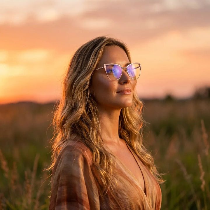Lenses optical sabrina pink women in luz dorada golden hour elegante bonoboss #editorial_lifestyle2 #color_rosado