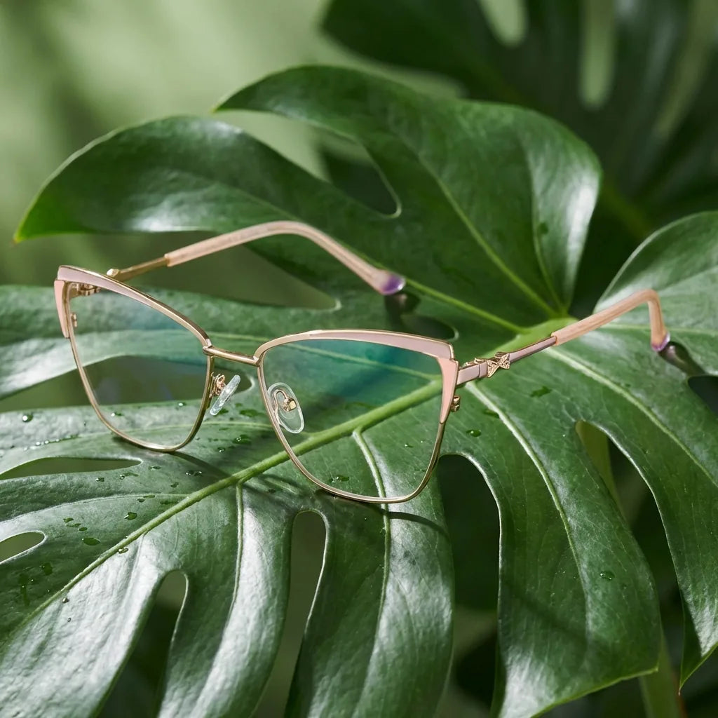 Lenses optical sabrina pink entre hojas botánicas naturales diseño sustainable bonoboss #editorial_sustentabilidad #color_rosado