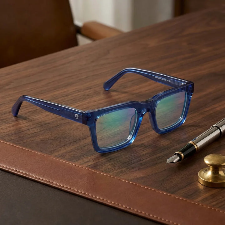 Lenses optical salvador blue sobre escritorio wooden premium frame premium bonoboss #editorial_armazon #color_azul