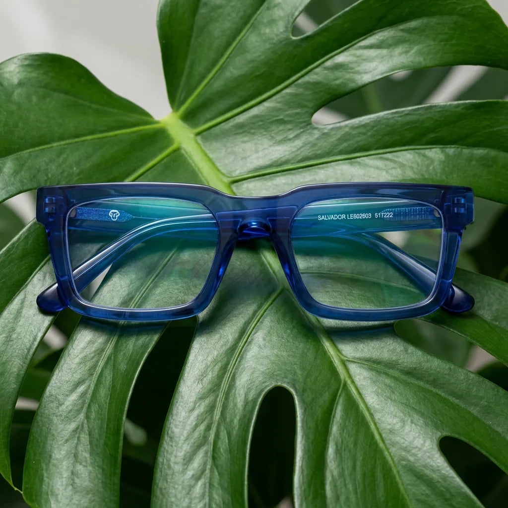 Lenses optical salvador blue entre hojas botánicas naturales diseño sustainable bonoboss #editorial_sustentabilidad #color_azul
