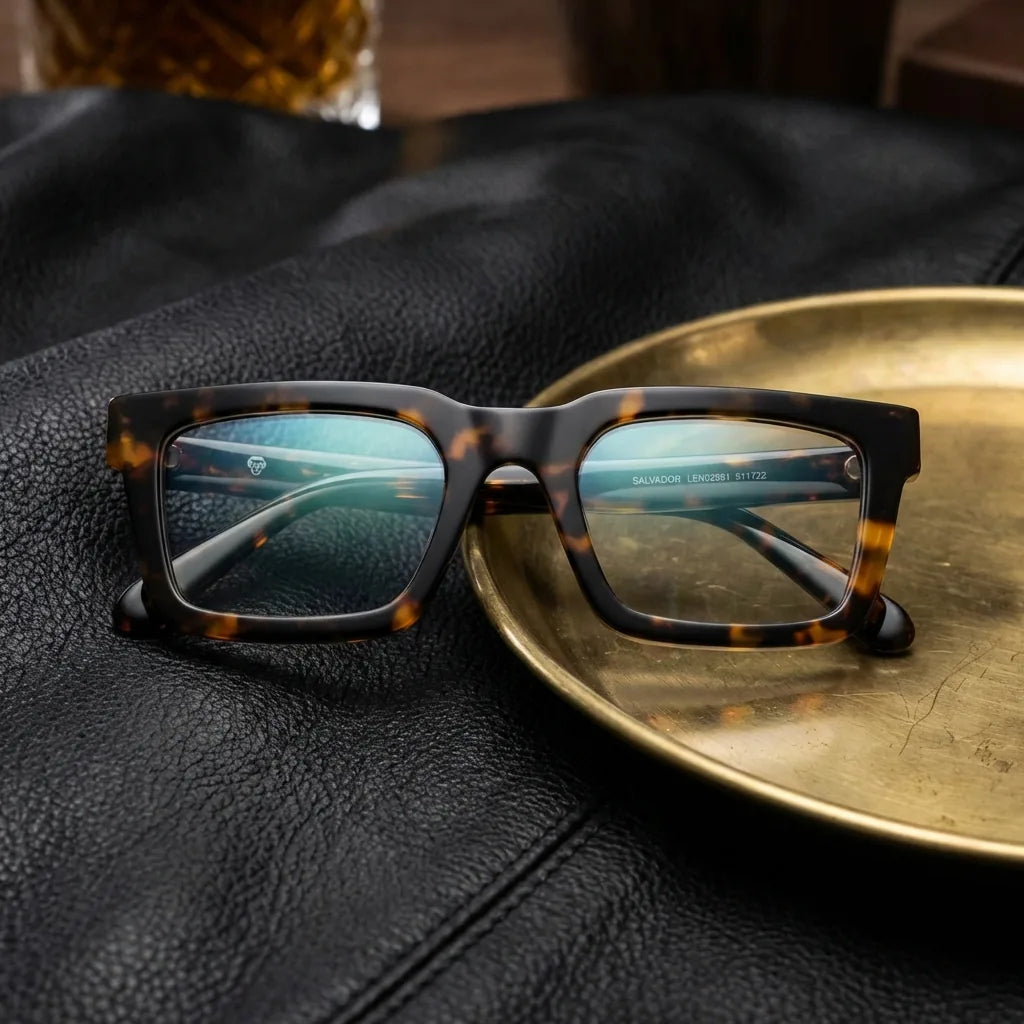 Lenses optical salvador tortoise sobre black leather with detalle brass gold calidad premium prescription bonoboss #editorial_banner_confianza #color_carey