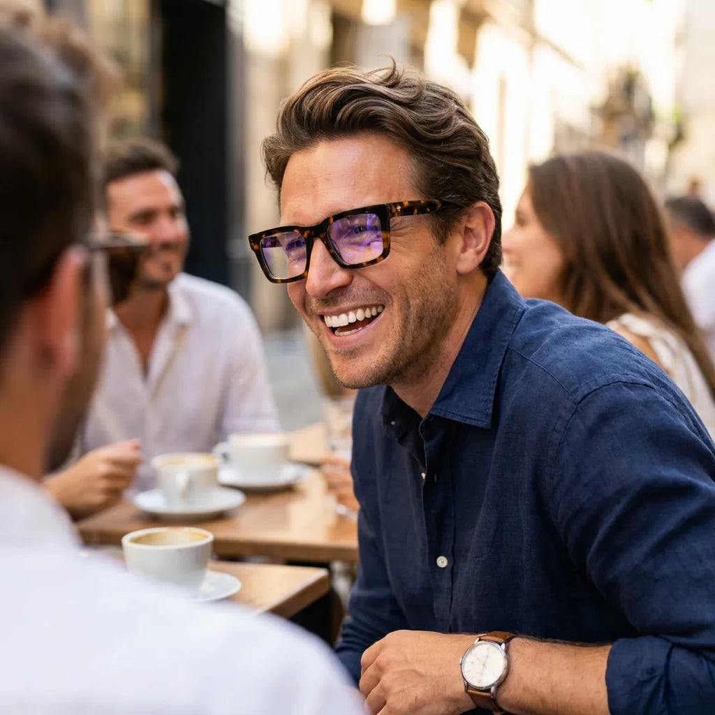 Lenses optical salvador tortoise men in café with amigos ambiente social bonoboss #editorial_lifestyle2 #color_carey