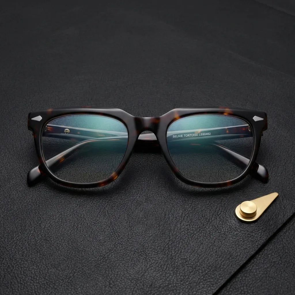 Lenses optical selkie tortoise sobre black leather with detalle brass gold calidad premium prescription bonoboss #editorial_banner_confianza #color_carey
