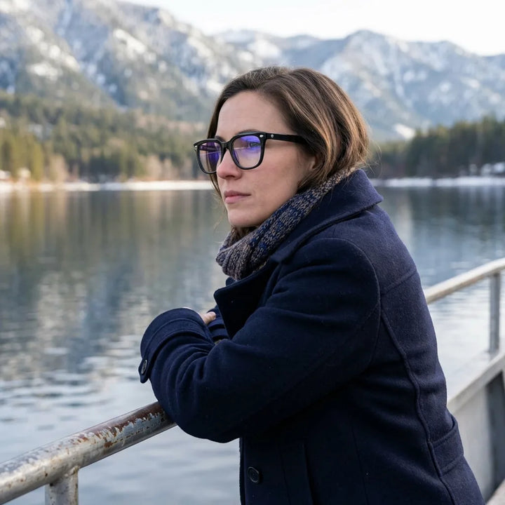 Lenses optical selkie tortoise modelo with gorro in bosque nevado invernal bonoboss #editorial_lifestyle1 #color_carey