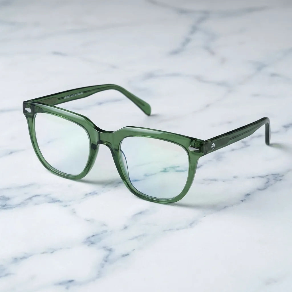 Lenses optical selkie green sobre mármol white elegante frame premium bonoboss #editorial_armazon #color_verde