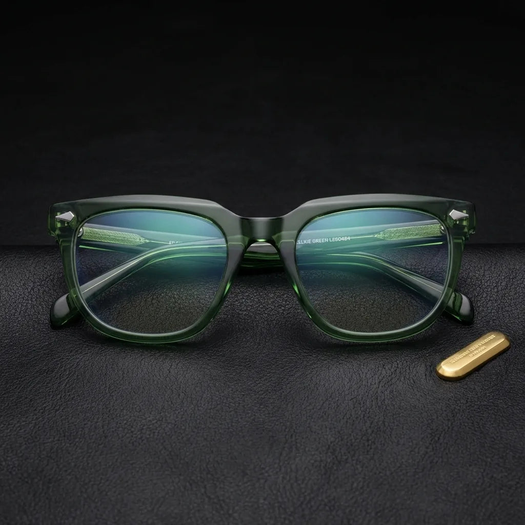 Lenses optical selkie green sobre black leather with detalle brass gold calidad premium prescription bonoboss #editorial_banner_confianza #color_verde