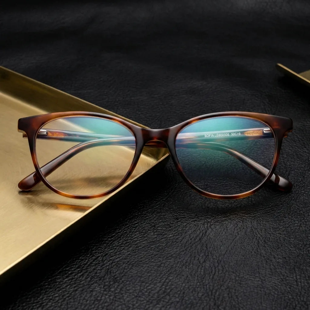 Lenses optical sofia tortoise sobre black leather with detalle brass gold calidad premium prescription bonoboss #editorial_banner_confianza #color_carey