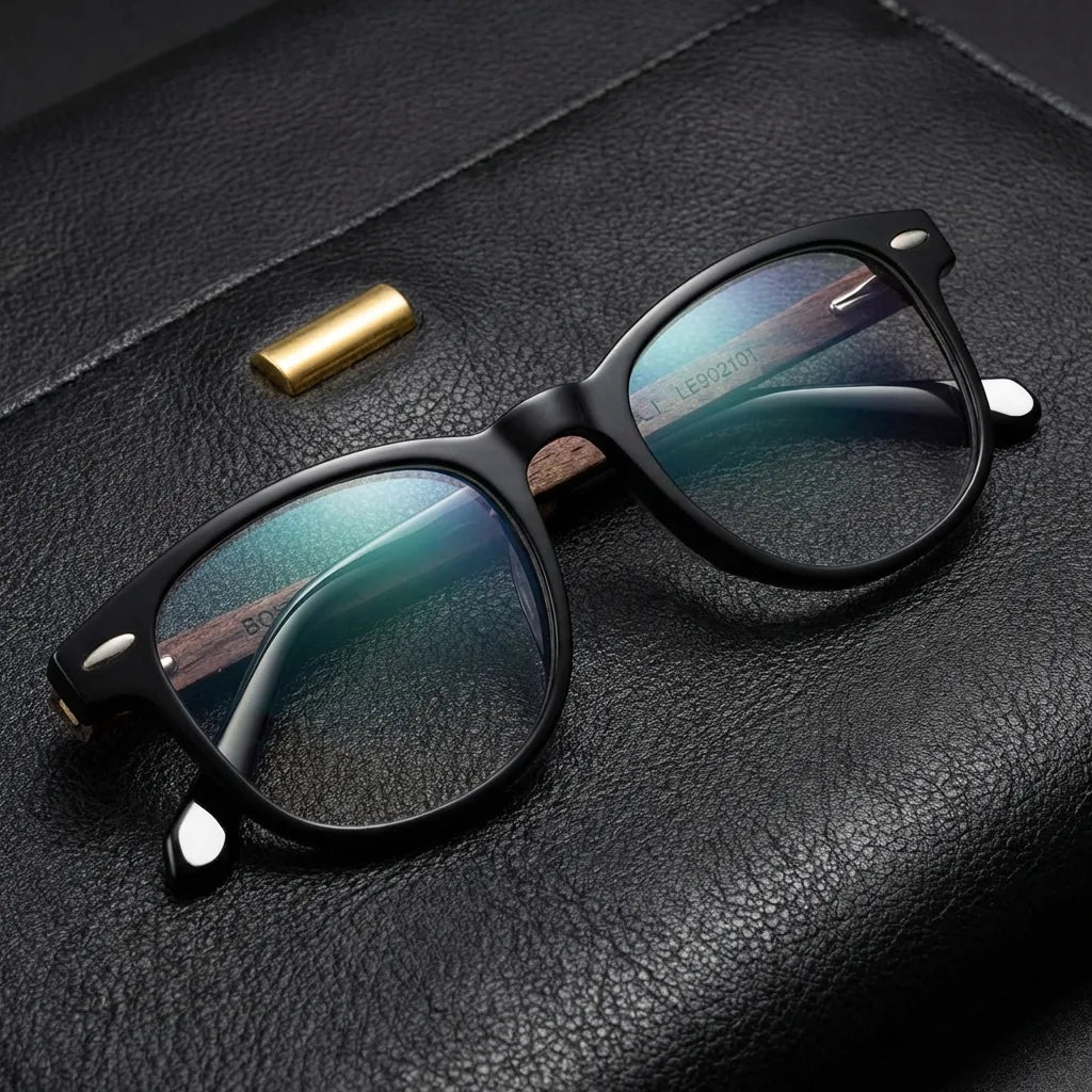 Lenses optical temuco tortoise black sobre black leather with detalle brass gold calidad premium prescription bonoboss #editorial_banner_confianza #color_negro