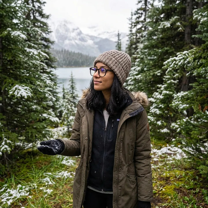 Lenses optical temuco tortoise black modelo with gorro in bosque nevado invernal bonoboss #editorial_lifestyle1 #color_negro