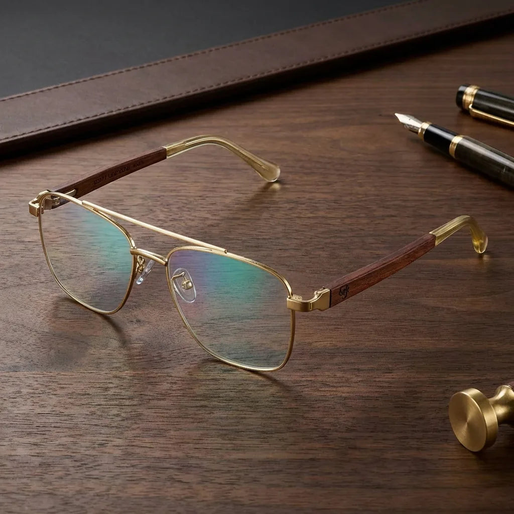 Lenses optical tito gold sobre escritorio wooden premium calidad premium prescription bonoboss #editorial_banner_confianza #color_dorado