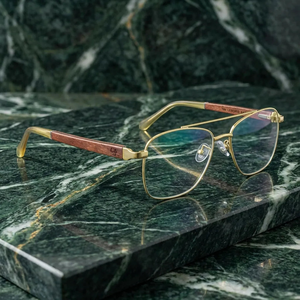 Lenses optical tito gold sobre mármol green natural diseño sustainable bonoboss #editorial_sustentabilidad #color_dorado