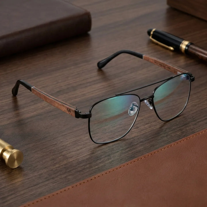 Lenses optical tito black sobre escritorio wooden premium calidad premium prescription bonoboss #editorial_banner_confianza #color_negro