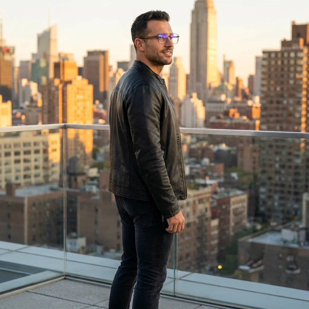 Lenses optical tito black men profesional in rooftop urbano atardecer bonoboss #editorial_lifestyle1 #color_negro