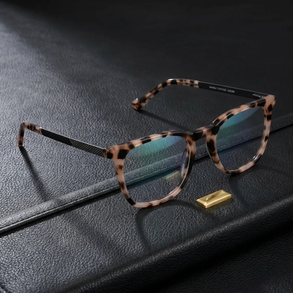 Lenses optical waimea steel optic marble sobre black leather with detalle brass gold calidad premium prescription bonoboss #editorial_banner_confianza #color_marble