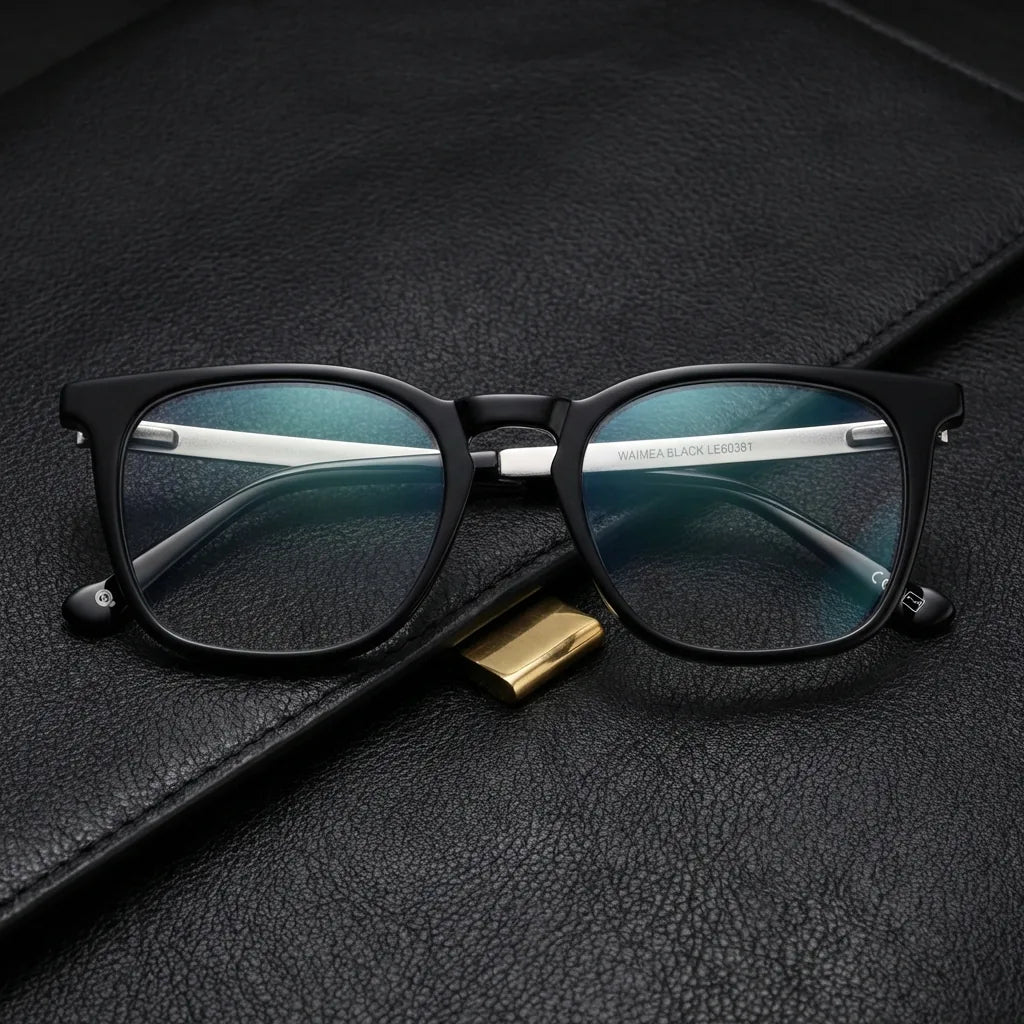 Lenses optical waimea steel optic black sobre black leather with detalle brass gold calidad premium prescription bonoboss #editorial_banner_confianza #color_negro